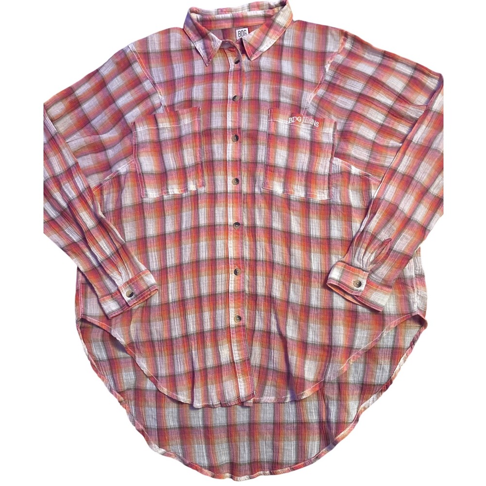 BDG Urban Outfitters Women's Red Orange Plaid Oversized Button Down Shirt Size M